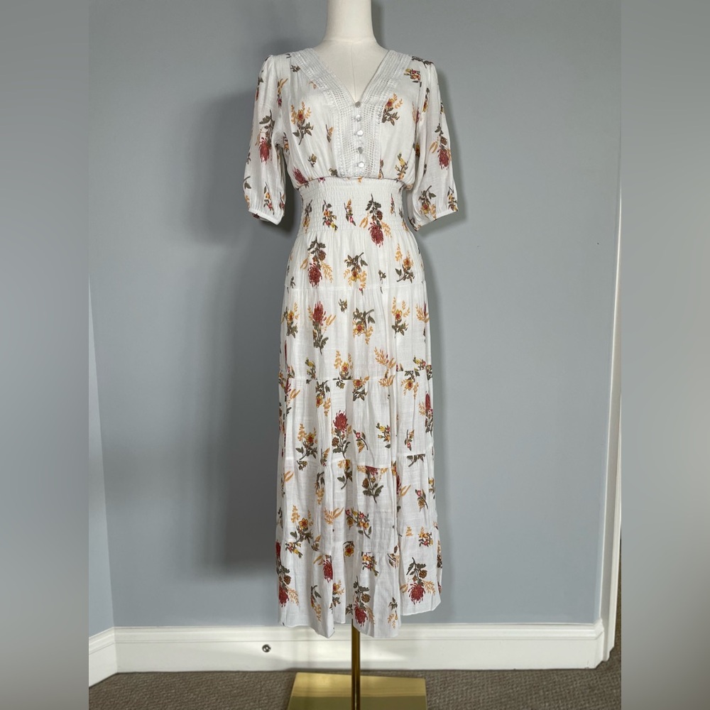 Chic Floral Maxi Dress - White with Red and Yellow Blooms